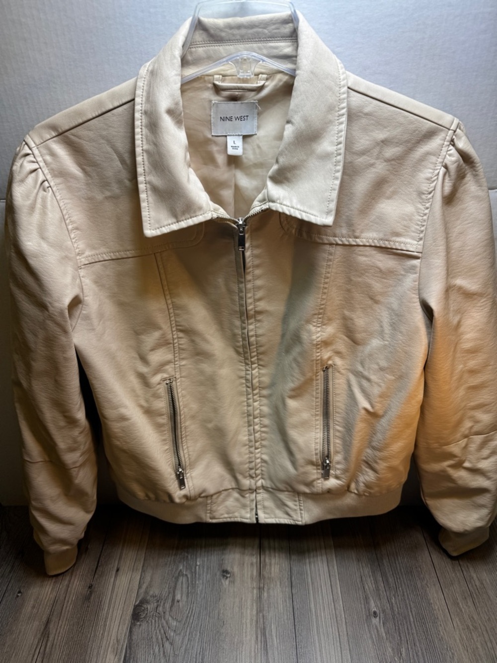 Nine West Cream Leather Jacket With Stand Collar